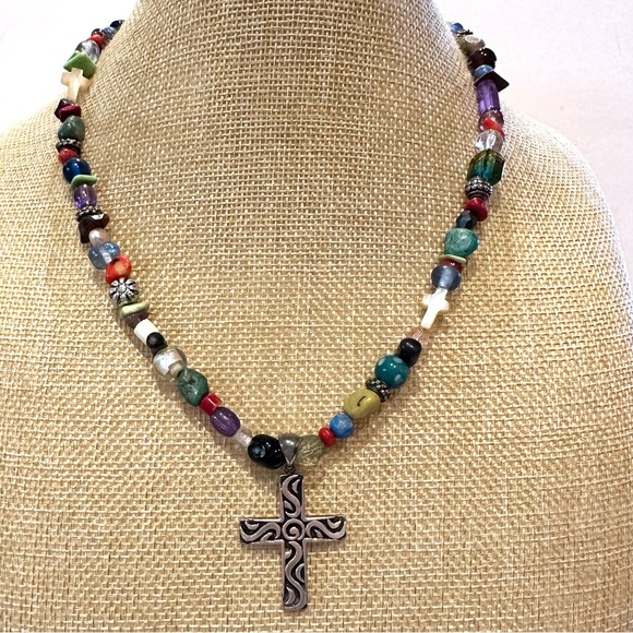 Multi-color Genuine Gemstone & Glass Bead Necklace w/ sterling silver cross .925 - Picture 1 of 10